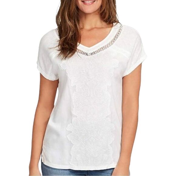 Gloria Vanderbilt Ladies V-Neck Embroidered Cotton Top T-Shirt Large NWT - Picture 1 of 12